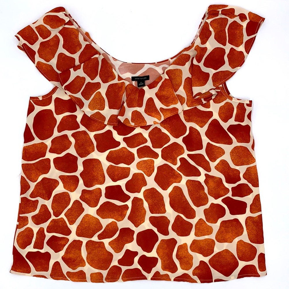 Ann Taylor Giraffe Print Ruffle Neck Top Size Medium - Picture 8 of 11